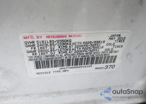 2010 Mitsubishi Outlander Xls from USA, damaged, VIN JA4JT4AX5AZ016104